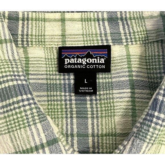 PATAGONIA A/C Green Blue White Plaid Seersucker Button Shirt Outdoor Men's Large - Picture 3 of 5
